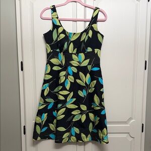 Dress Barn Black Dress with Green and Blue Leaf Pattern